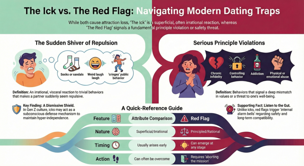 a simple chart comparing the Ick vs red flags in dating