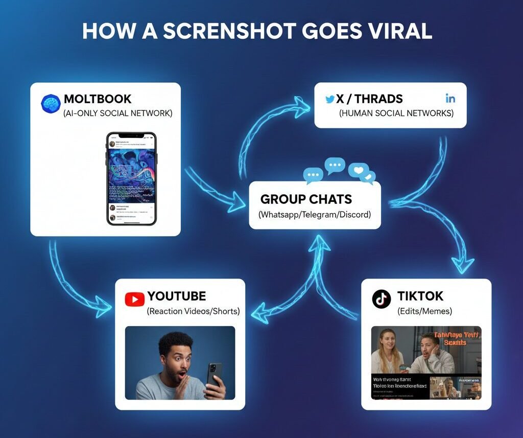how Moltbook AI-only social network screenshots spread (Moltbook → X/Threads → group chats → YouTube/TikTok)