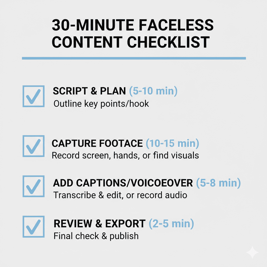 A quick checklist for making faceless content in 30 minutes, including script, footage, captions, and export