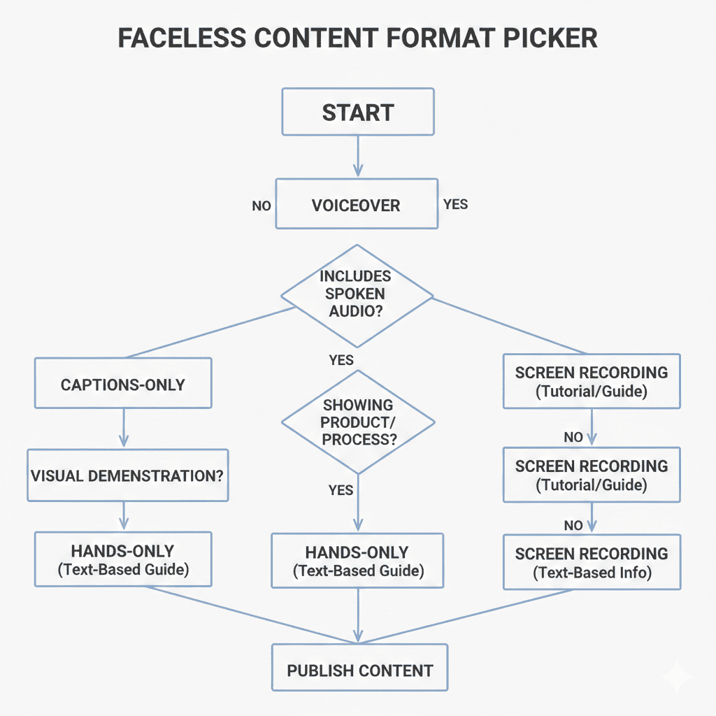 A simple flowchart showing faceless content formats like voiceover, captions-only, hands-only, and screen recordings
