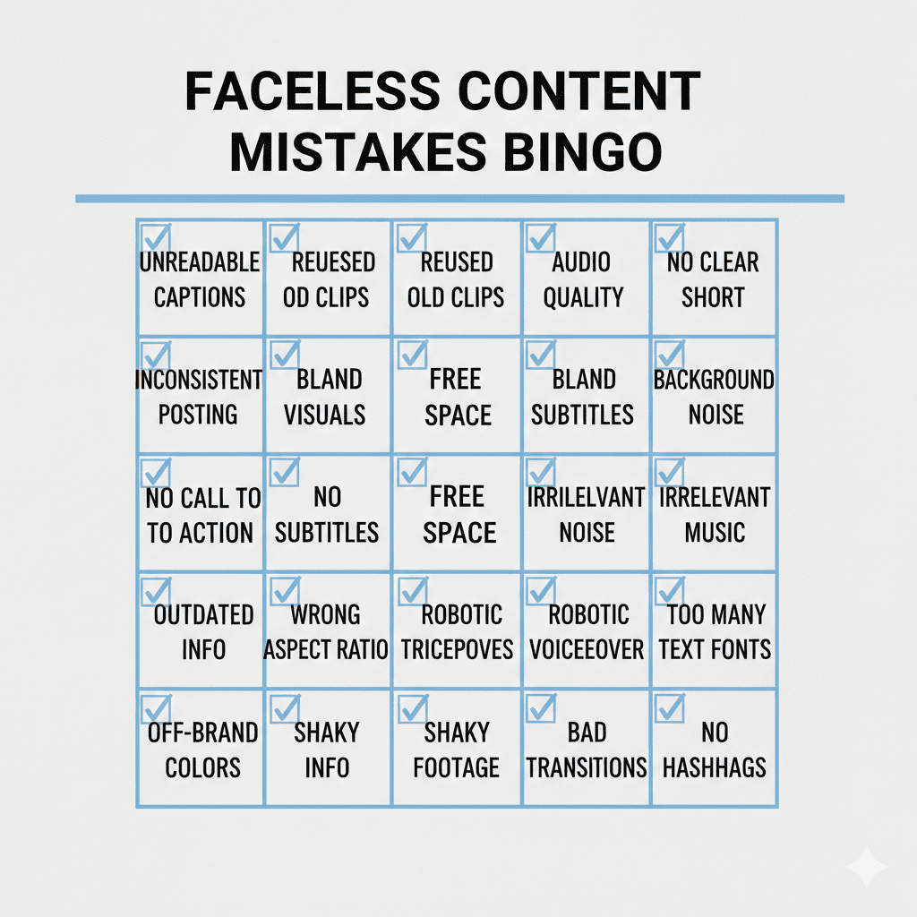 A bingo card of common faceless content mistakes, including unreadable captions and reused clips
