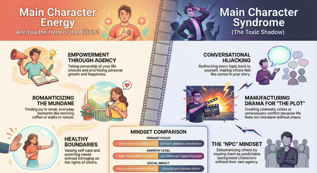 A checklist showing healthy main character energy habits vs toxic main character energy behaviors