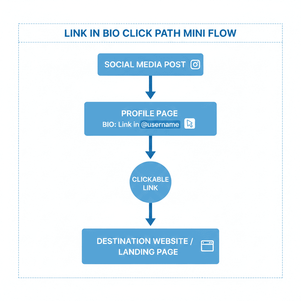 simple flowchart showing link in bio steps from post → profile → link → destination