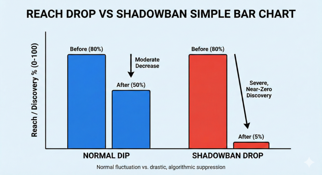 Simple chart comparing a normal reach dip vs a Shadowban-style discovery drop.