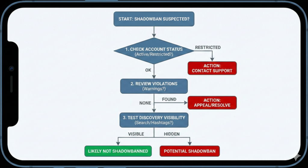 A simple Shadowban checklist flowchart for checking account status, violations, and discovery visibility.