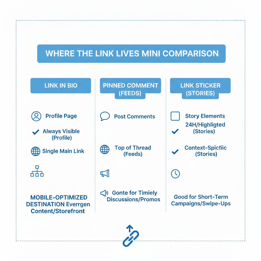 link in bio vs pinned comment vs link sticker comparison chart