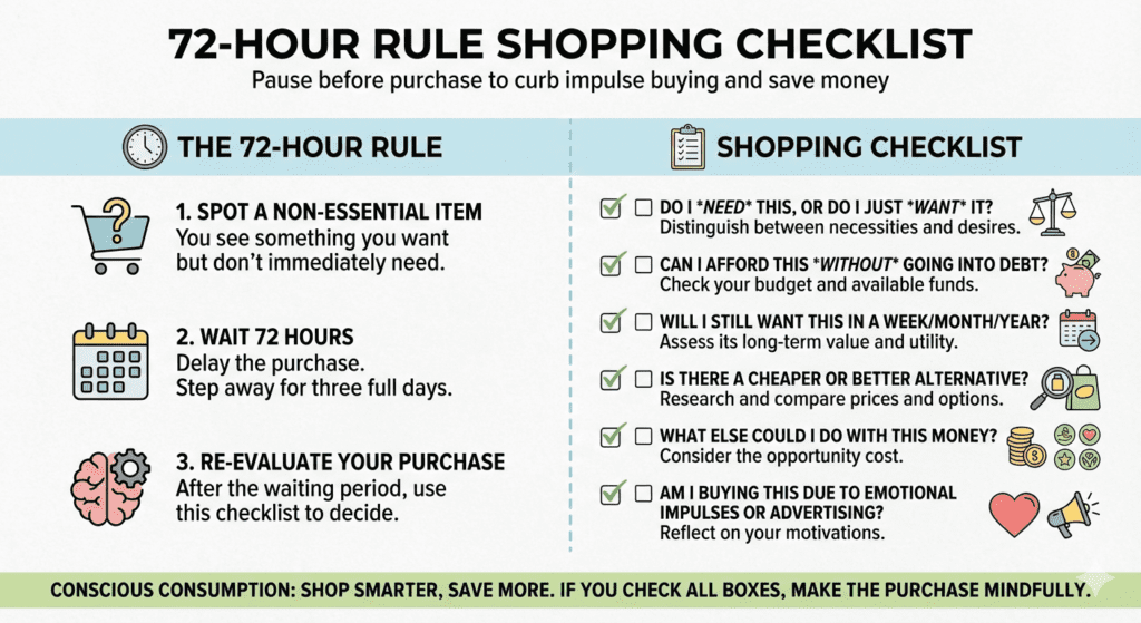 A simple “72-hour rule” graphic for what is De-influencing and smarter shopping decisions