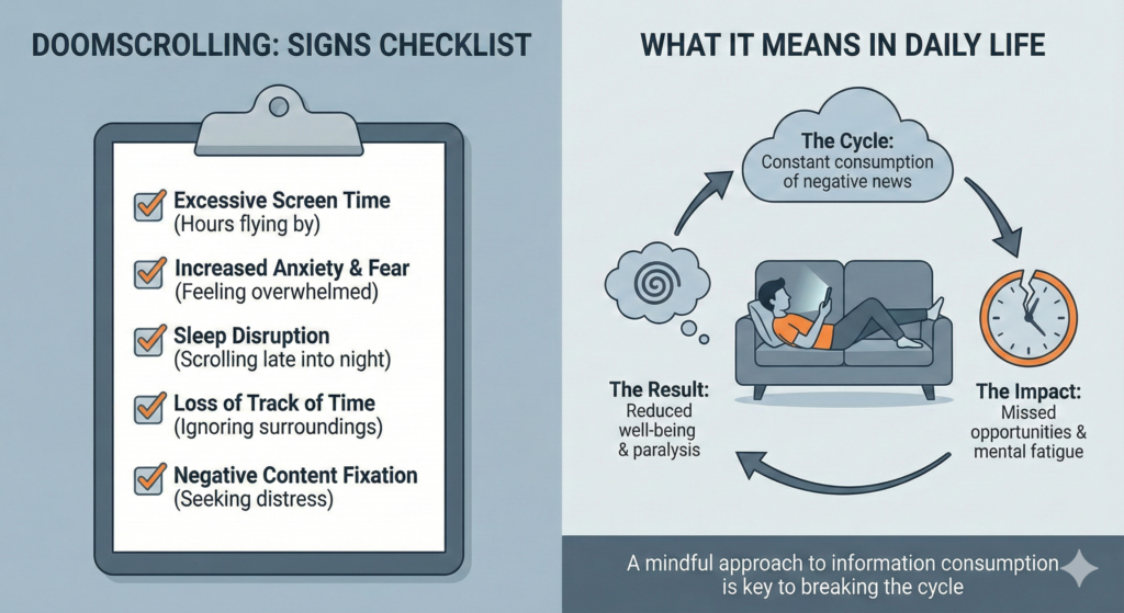 Checklist of signs of doomscrolling and what doomscrolling means in daily life