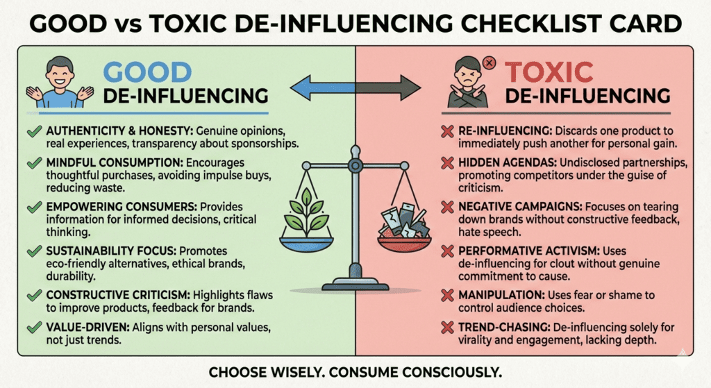 A simple checklist graphic showing what is De-influencing vs toxic/shaming content