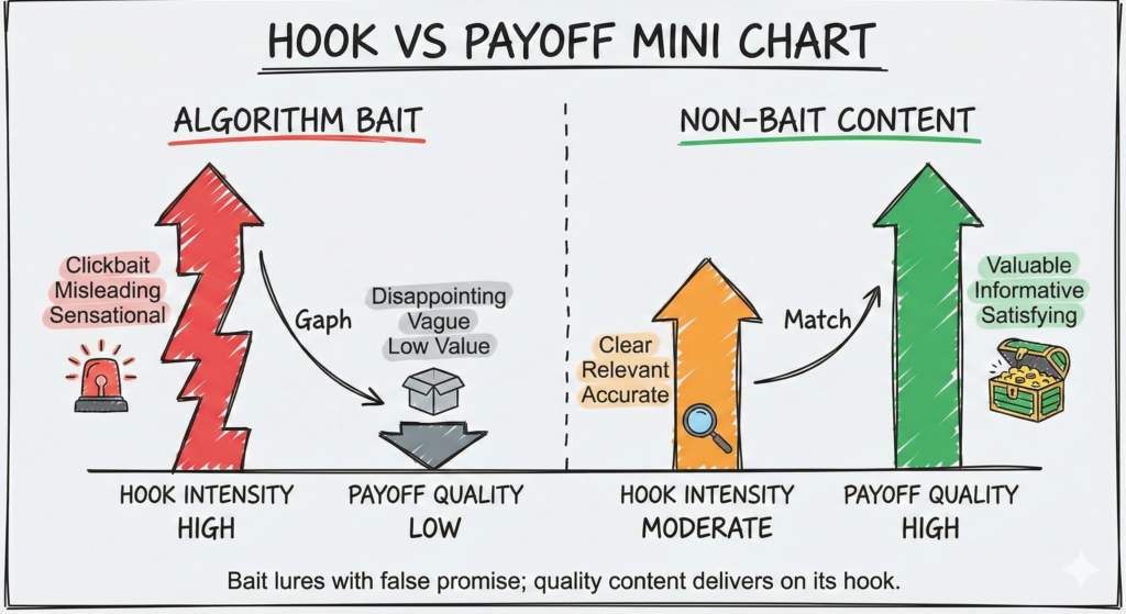 A simple chart comparing hook intensity vs payoff quality in algorithm bait and non-bait content