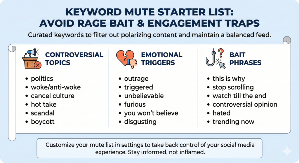 Keyword ideas to mute rage bait and similar engagement traps