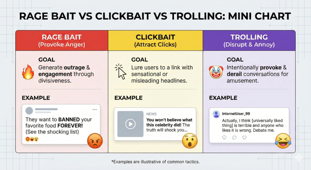 Comparison chart showing rage bait vs clickbait vs trolling with examples
