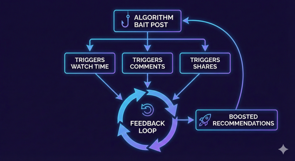 A mini flowchart showing how algorithm bait triggers watch time, comments, and shares, feeding back into recommendations