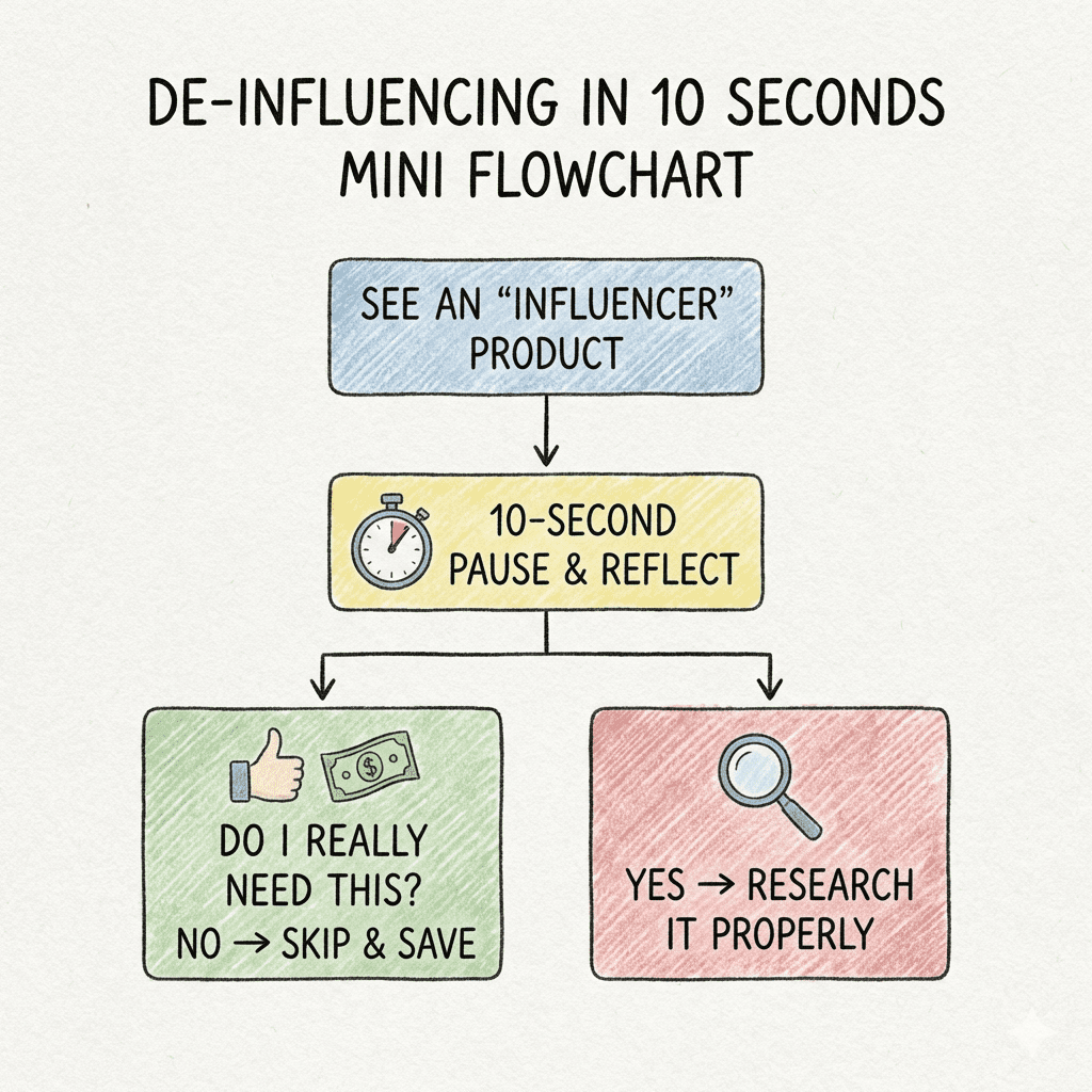 A mini flowchart explaining what is De-influencing with “trend → temptation → pause → decision”