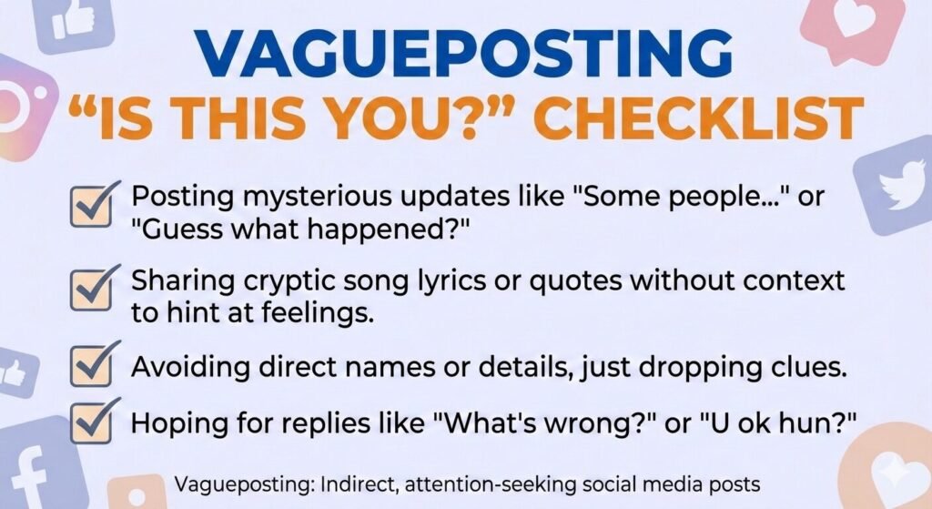 checklist graphic explaining what is vagueposting in plain language