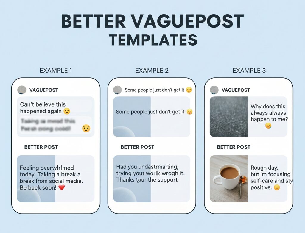 [ CREATE IMAGE: “BETTER VAGUEPOST” TEMPLATES (3 EXAMPLES)]
Caption: place image here
Alt text: examples of what is vagueposting and safer alternatives for stories and captions